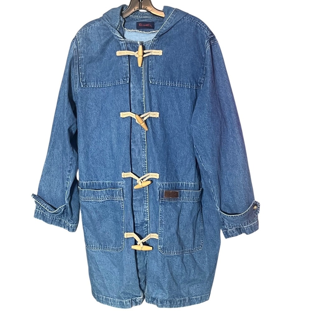 Denim & Co 2X Blue Denim Duffle Coat Hooded Toggle Aztec Fleece Removable Lining
